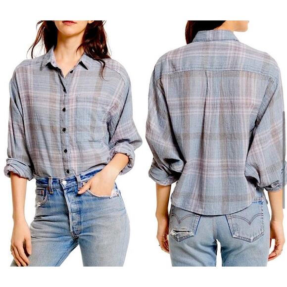 Free People Cropped Cutie Plaid Flannel Batwing Dolman Button Front Shirt - Picture 3 of 10